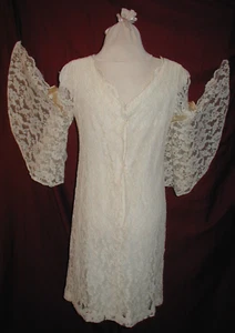 Vtg 60s Mod Mini Wedding Gown Dress Angel wing sleeves Ivory Lace Shift B 34 - Picture 1 of 11