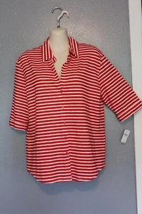 NWT Majestic Filatures Red White Striped Linen Deluxe Tee Shirt 5 XL Button Up - Picture 1 of 8