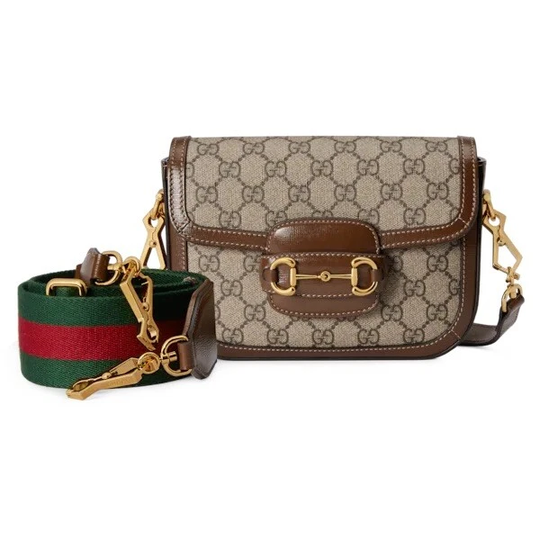 Bolso de Hombro Gucci Horsebit 1955 GG Pequeño Beige/Marrón Microfibra/Gamuza con Correa Foto 1 de 1