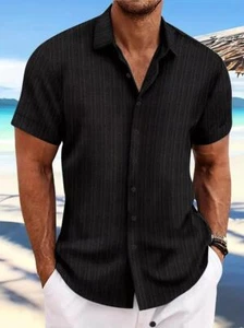 Fashion Men's Black Stripe Graphic Short Sleeve Casual Button-Down Shirt New - Picture 1 of 3