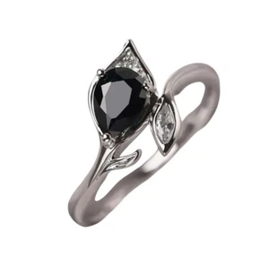 Boutique schwarzer Onyx & Zirkonia versilberter Damenring Blatt Größe 7 5️⃣ - Bild 1 von 6