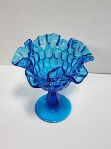 Fenton Art Glass Colonial Blue Thumbprint Ruffled Compote 1960's - Picture 1 of 4