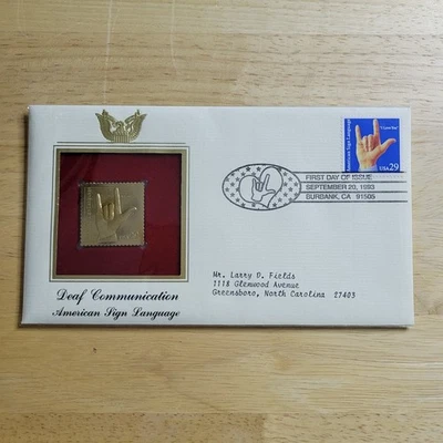 Réplica de sello de oro 22kt de Deaf Communication emisión primer día con tarjeta Foto 1 de 4