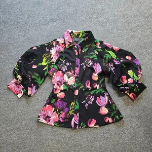 Gracia Top Womens Size Small Black Pink Floral Satin Fitted Ballon Sleeve Luxe - Picture 1 of 10