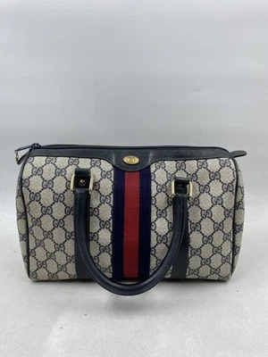 Gucci Blue Monogram Red Navy Stripe Satchel Top Handle Bag - Image 1 of 4