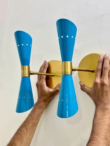 Pair Mid-Century Modern Brass & Blue Double Cone Wall Sconces Handmade - Picture 1 of 10