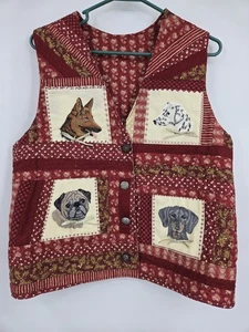Handmade Quilted Red Vest Embroidered Dogs Lined Dog Lovers Women Size L? Bows - Picture 1 of 4
