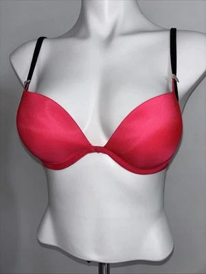 Victoria’s Secret 34C Hot Pink Satin Plunge Push-Up Bra Black Strap Sexy Lift - Image 1 of 4