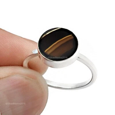 Argento Sterling Rotondo Naturale a Righe Onice Promessa Boho Fedina Misura 8 - Immagine 1 di 4