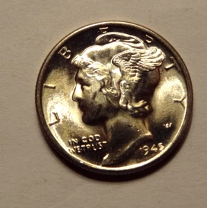 1945 D MERCURY DIME, GEM BU, FULL BANDS, VERY NICE COIN, FROM AN ORIGINAL ROLL - Picture 1 of 2