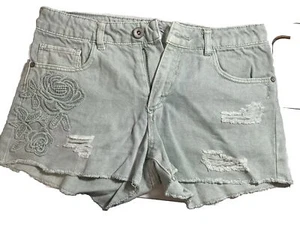 zara girls green denim light distressed floral embroidered shorts size small - Picture 1 of 3