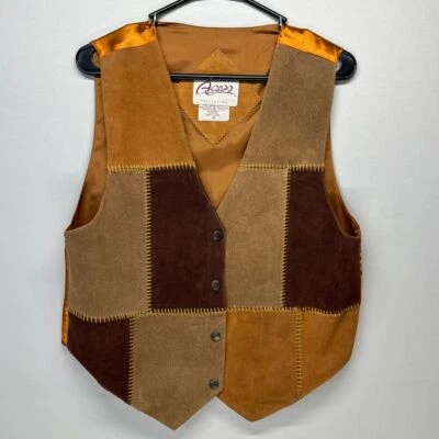 De Colección Agapo Patchwork Gamuza Cuero Chaleco Occidental Botones Estrella Mediano Boho Hippie Foto 1 de 4