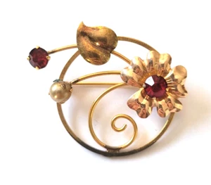 Floral Bal-Ron Brooch Gold Filled 12K Red Rhinestone - Picture 1 of 4