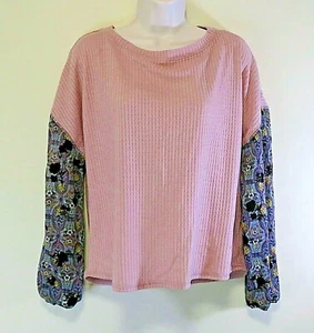 GYPSIES & MOONDUST Waffle Knit Mauve Top Sheer Blouson Paisley Sleeves ~ Sm *B2 - Picture 1 of 8