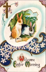 Easter Rabbits Brown Cream Black Flowers Gold Gilt Embossed c1910 postcard JP3 - Picture 1 of 2