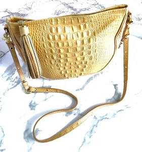 Brahmin Crossbody Leather Camel Tan Bag Tassels Gold Hardware Croc Print Med Sz - Picture 1 of 24