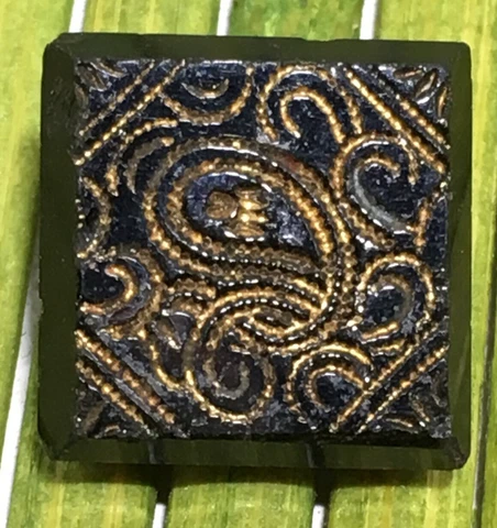 Antique Black Glass Button Square Gold Foil Embedded Paisleys Tunnel Shank 9/16" Cover