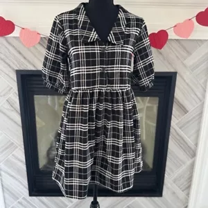 Francesca's Plaid Mini Dress Babydoll Button Front XS Harpers Heritage - Picture 1 of 3