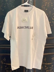 $750 BALENCIAGA 2022 612965 TNVV8 Distressed Reverse Logo T-shirt | Ecru | XL - Picture 1 of 24