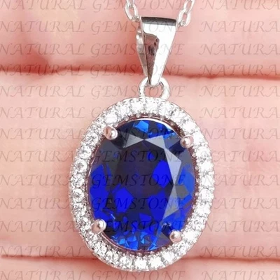 8.50Crt Oval Cut Natural Sapphire and Diamond Halo Pendant 18K White Gold Plated - Image 1 of 4