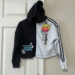 Justice Girls Hoodie Size 14 Black & White Split Graphic Smile Always Good Vibes - Picture 1 of 6