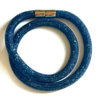 Colar Swarovski cristal poeira estelar azul marinho malha pulseira dupla prata brilhante - Imagem 1 de 4