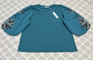 Chico’s Knit Top Women’s Size XL Padoga Blue Embroidered 3/4 Puff Sleeves NWT - Picture 1 of 7