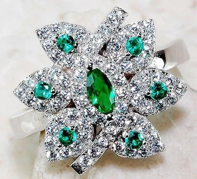 2CT Treated Emerald & White Topaz 925 Sterling Silver Ring Jewelry Sz 6 U3-2 - Image 1 of 2