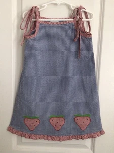 RAGSLAND-Sz.5/6-Little Girl’s Dress-Gingham-Seersucker-Shoulder Ties-Strawberry - Picture 1 of 9