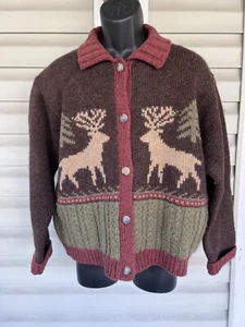 GH BASS Vintage 100% Wool Cardigan Reindeer Pine Trees Sweater Sz Large 90’s - Picture 1 of 12