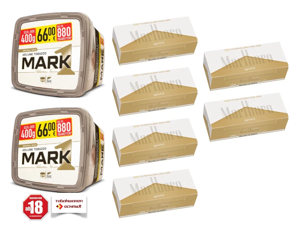 2x Mark Adams No.1 GOLD Volumentabak 400g mit 1200 Marlboro Gold Filterhülsen - Bild 1 von 1