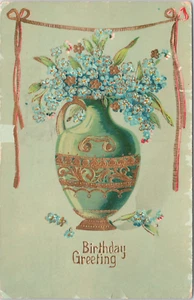 POSTCARD-BIRTHDAY GREETING/EMBOSSED/GOLD RIBBON/GEEN VASE/PURPLE FLOWERS - Picture 1 of 2
