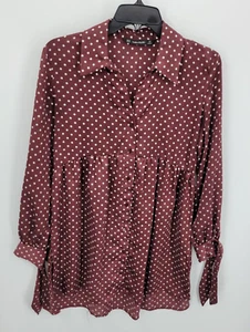 Zara Top Damen XS weinrot gepunktet Empire Taille Langarm Satin Tunika Bluse - Bild 1 von 8