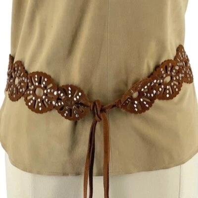 Cognac Suede Cutout Scalloped Edge Floral Silver Studded Boho Tie Wait Belt OS - Image 1 of 4