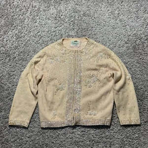 True VINTAGE 1950s McMullen Hand Beaded Lambs Wool Angora Cardigan 36 XS - Picture 1 of 15