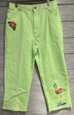 Quacker Factory Lime Garden Embroidered Flower Flamingo Pants Sz Medium - Image 1 of 4