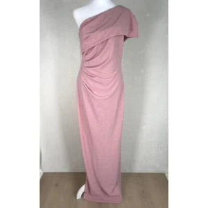 Adrianna Papell Dress 8 Pink One Shoulder Metallic Knit Drape Ruched Gown READ - Picture 1 of 16