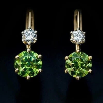 3Ct Round Cut Simulated Peridot & Diamond Drop Earrings 14K Yellow Gold Plated - Image 1 of 4