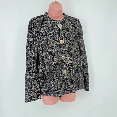 Sahara Jacket M Medium Navy Beige Floral Cotton Blend Shell Buttons Denmark - Image 1 of 4