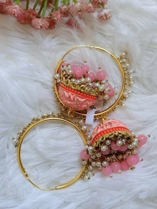 Jhumka Jhumki Bollywood Style Stones Pink Red Green Blue Yellow Stones Earrings - Picture 1 of 9
