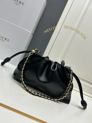 LOEWE Black Pleated Pouch Hobo Bag Leather Chain Shoulder Purse H03121 - Image 1 of 4