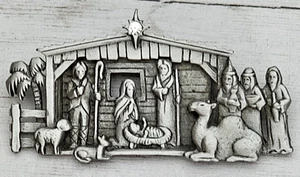 Vintage JJ Jonette Nativity Christmas Manger Silver Tone Brooch Pin - Picture 1 of 5