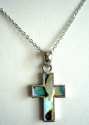 süßes KREUZ Collier Perlmutt Kette schimmert ModeSchmuck Anhänger silber NEU - Bild 1 von 3