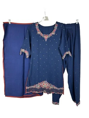 Salwar Kameez Navy Multicolor Beaded Sequin Flowers Suit Tunic Pants Dupatta XS - Image 1 of 4