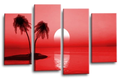 Large Seascape Sunset Love Art Print Red Grey Framed Split Canvas Picture - Image 1 of 4