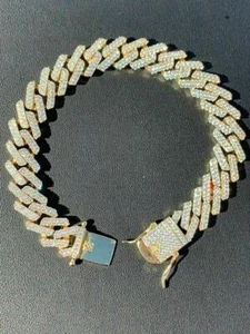 Men Prong Miami Cuban Bracelet 8.5" 14k Gold Plated Solid 925 Sterling Silver CZ - Picture 1 of 11