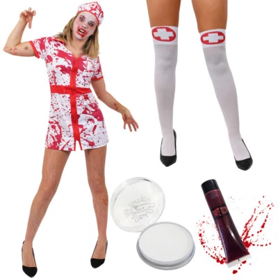 LADIES BLOODY NURSE UNIFORM HALLOWEEN FANCY DRESS COSTUME ZOMBIE OUTFIT - Image 1 of 4