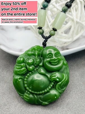 Jade Buddha Charm Pendant Necklace W/ Beads Cord Chain Handmade Carved Gemstone - Image 1 of 4