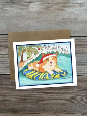Surfing Ginger cat from Hawaii, fun whimsical holiday Christmas,  notecard #433 - Image 1 of 2
