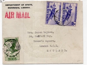 1938 Monrovia Liberia Airmail Cover to UK overall Seal of Liberia envelope MRL - Foto 1 di 2